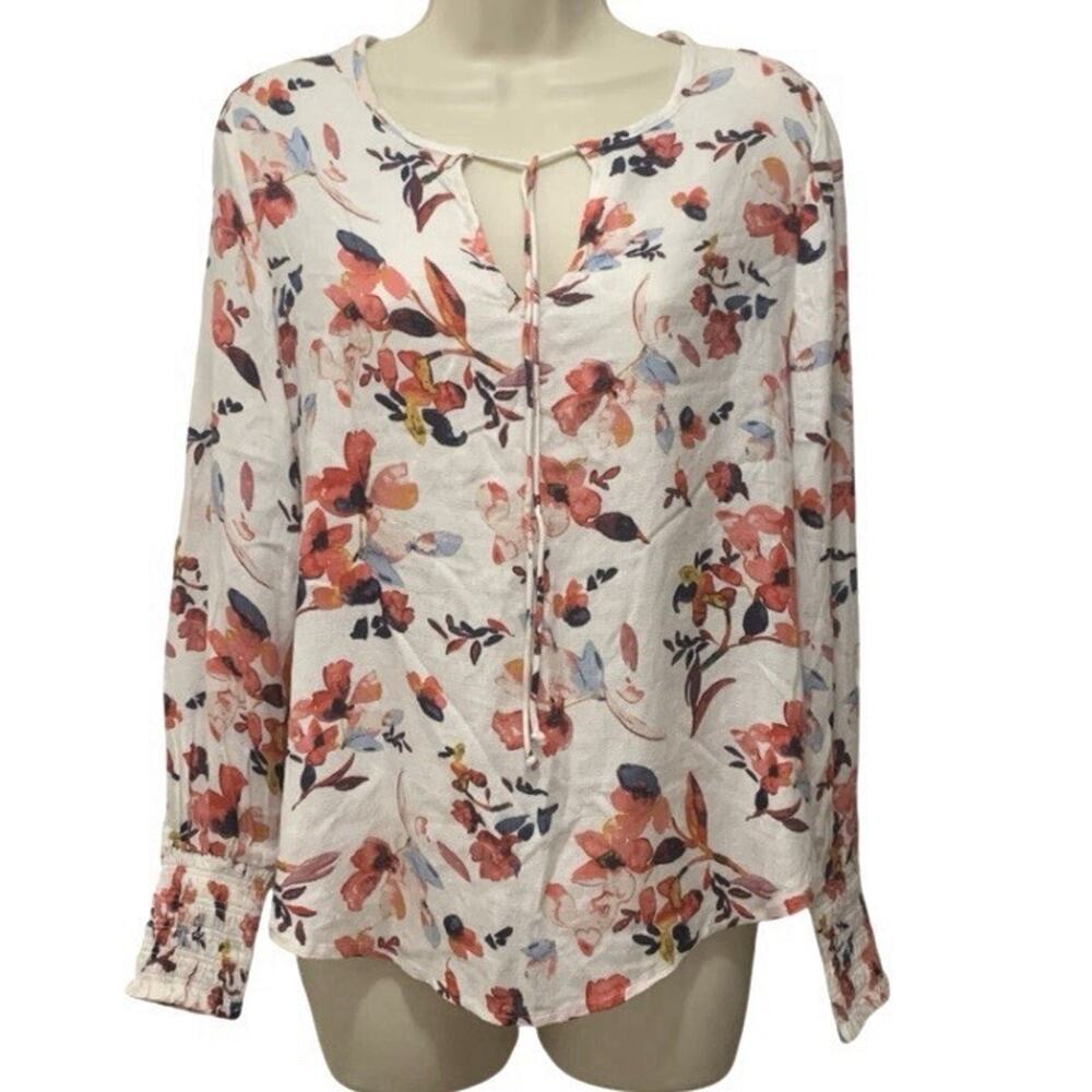 Lucky Brand Floral Peasant Blouse Size S Tie Neck Smocked Cuffs Boho